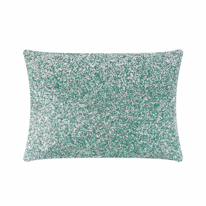 Aqua rectangular pillow with a front covered in rhinestones and a soft velvet back featuring a plush texture and shimmering surface.