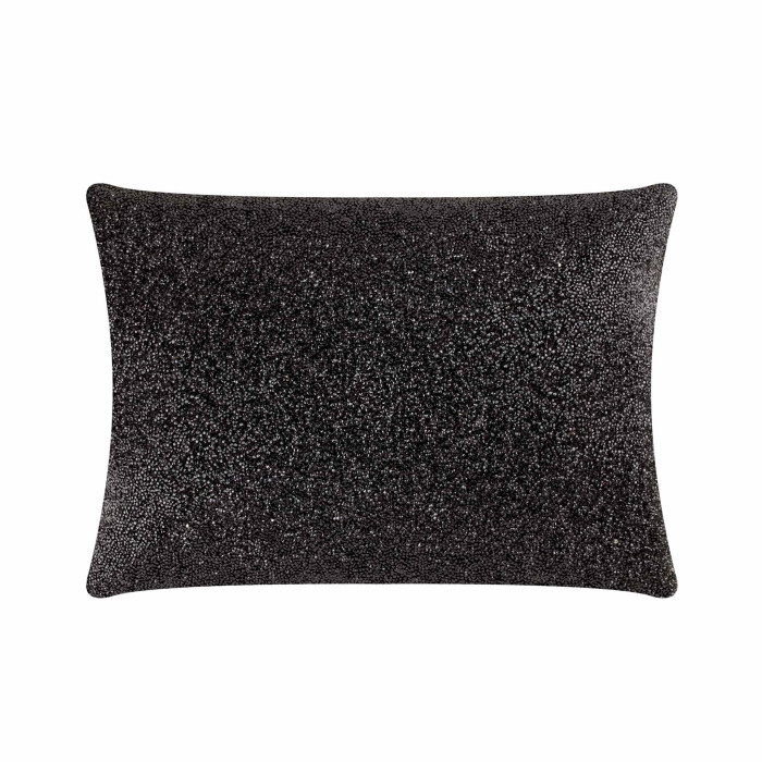 Black rectangular pillow with a textured surface fully adorned with small rhinestones soft velvet backing and plush fill.
