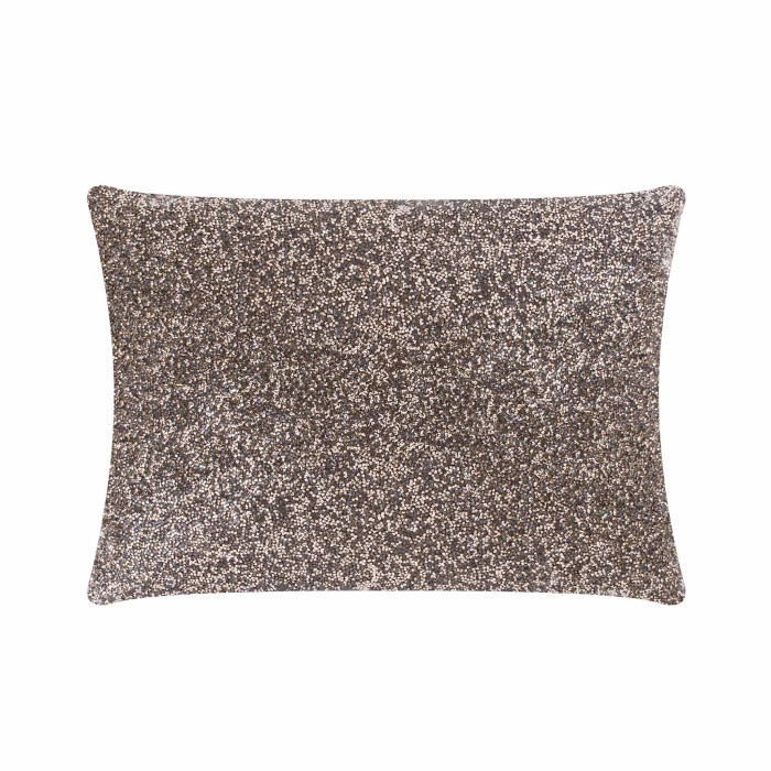 Charcoal velvet pillow covered in high-quality rhinestones rectangular shape plush texture with rounded edges.