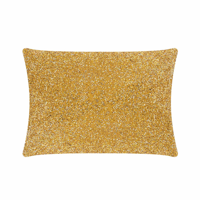 Rectangular pillow covered in gold velvet with a textured surface adorned with high-quality rhinestones.