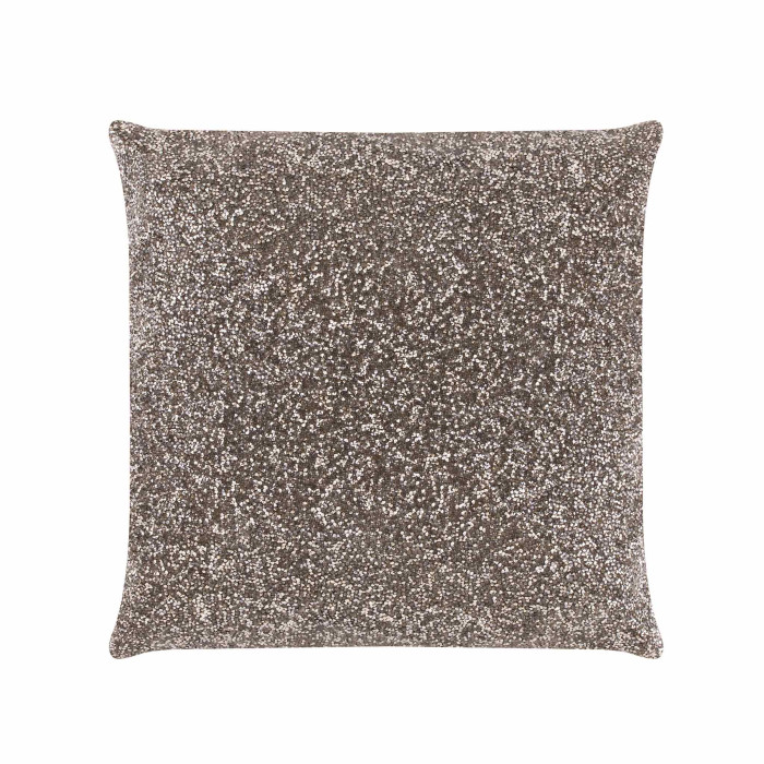 Square pillow covered in charcoal velvet with a front fully adorned in shimmering rhinestones and a soft velvet back.