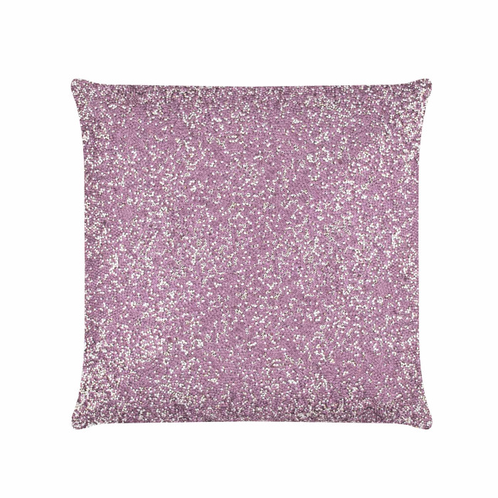 Square pillow in lavender velvet fully covered with small shimmering rhinestones soft texture plush appearance.