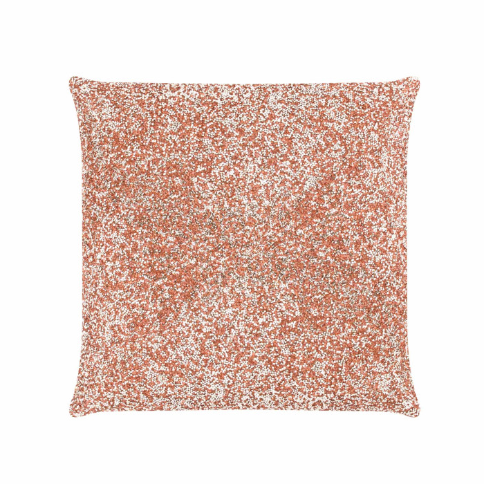 Square pillow with a pink velvet front covered in rhinestones and a soft pink back featuring a plush texture and smooth finish.