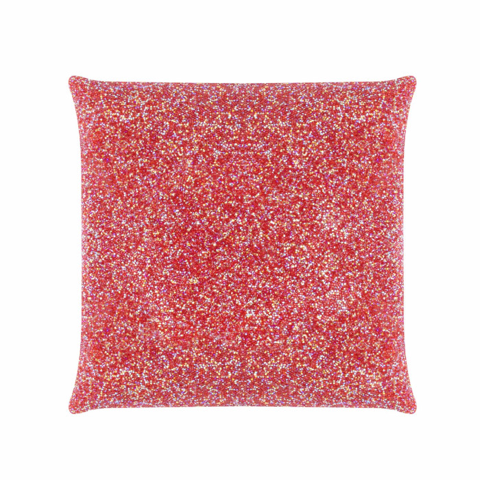 Red pillow covered in high-quality rhinestones with a soft velvet back square shape and plush texture.