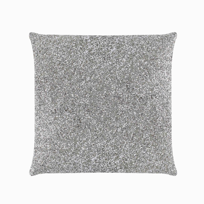 Silver square pillow covered in high-quality rhinestones with a soft velvet back featuring a plush texture and a smooth finish.