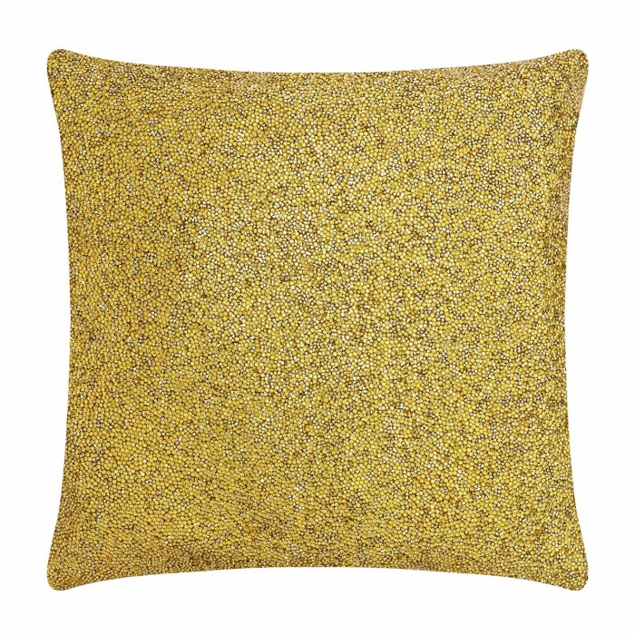 Square pillow covered in gold velvet with a textured surface adorned with rhinestones featuring a soft plush appearance.