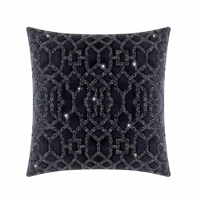 Black square pillow with a laser-cut rhinestone lattice pattern on a plush black velvet background.