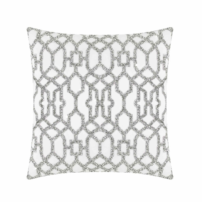 White pillow with a laser-cut rhinestone lattice pattern on the front and a plush velvet back.