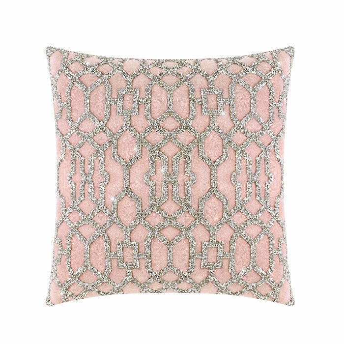 Blush pillow with laser-cut rhinestones in a geometric pattern on a smooth surface plush velvet back 16x16 inches.
