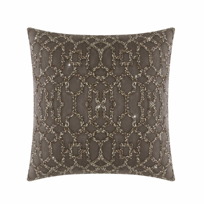 Charcoal velvet pillow with a geometric pattern of laser-cut rhinestones and a plush texture.