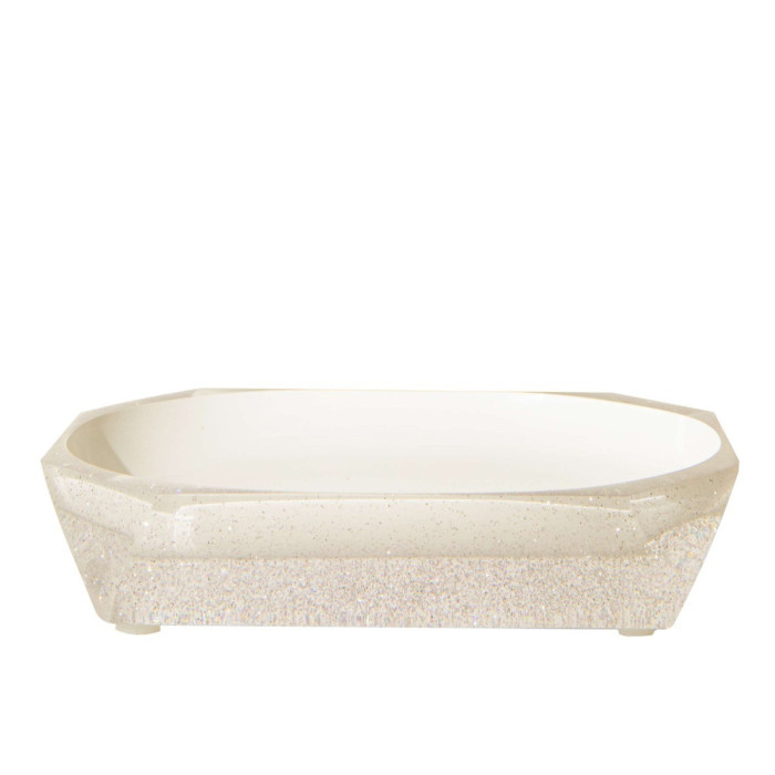 Faceted soap dish with a glossy white interior transparent glittery resin exterior and octagonal shape.