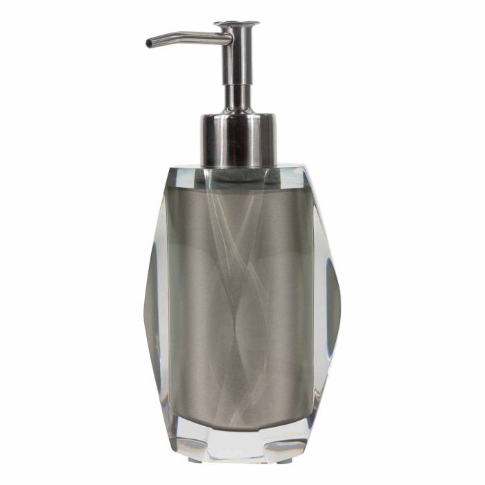 Gray faceted resin lotion pump with stainless steel dispenser featuring a diamond-like finish and smooth texture.