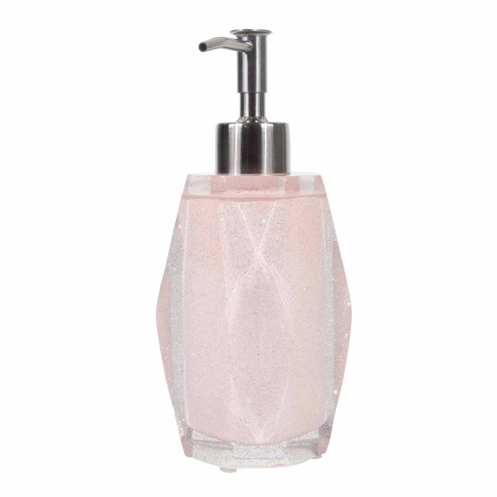 Faceted pink resin lotion pump with a diamond-like finish and a stainless steel dispenser top.