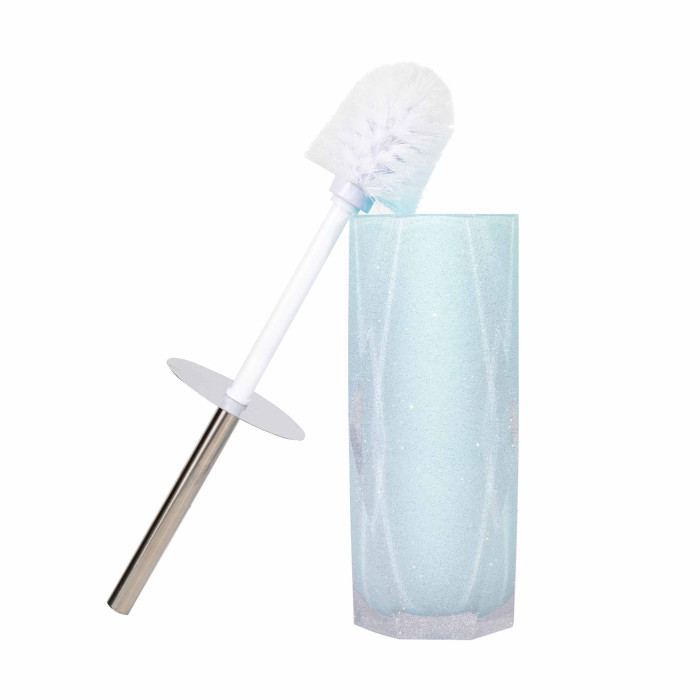 Aqua faceted resin holder with a glittery finish white bristle brush and stainless steel handle.