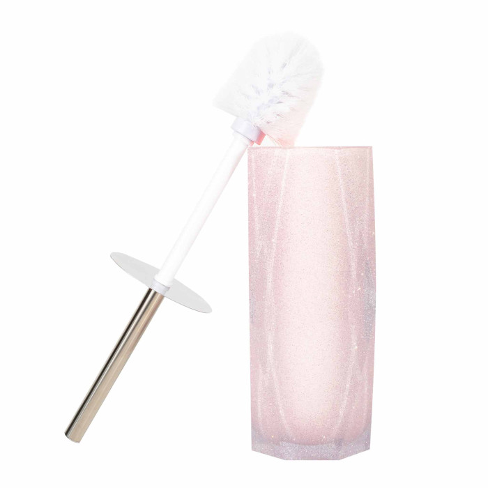 Faceted pink resin toilet brush holder with a glittery finish and a white brush with a silver handle.