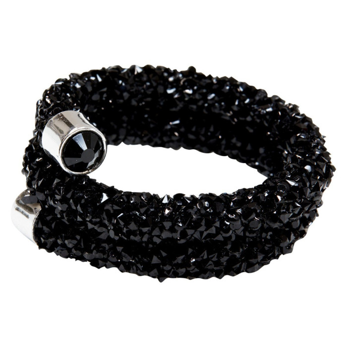 Black napkin rings made of flexible wire adorned with sparkling black stones and silver-tone embellishments.