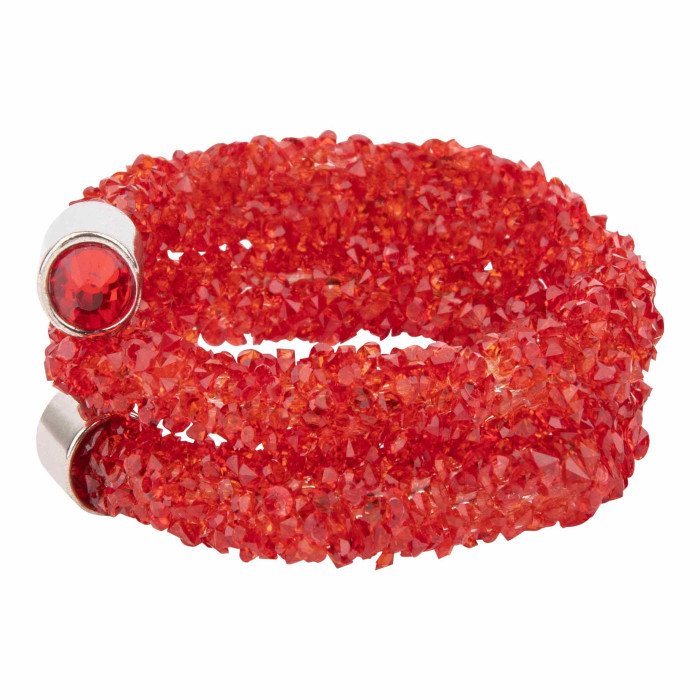 Red crystal napkin ring with a flexible wire base featuring sparkling stones and silver metal end caps.