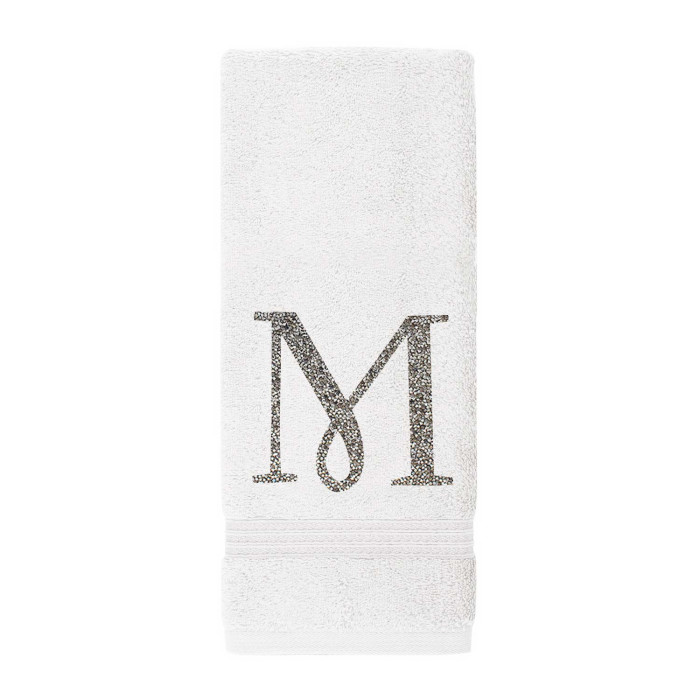 White plush cotton terry hand towel with a sparkling charcoal rhinestone monogram "M" and a textured band at the bottom.