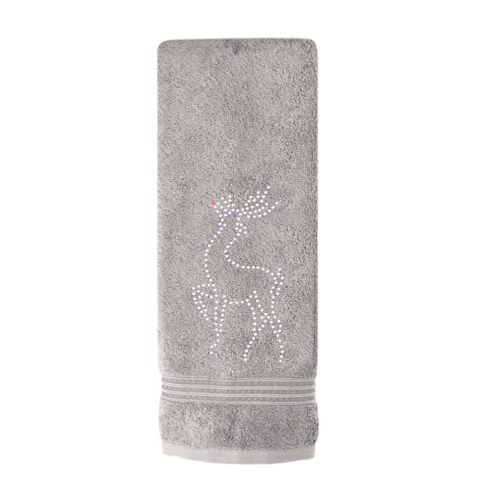 Gray cotton hand towel featuring a rhinestone reindeer design with a red nose and textured surface measuring 30"x16".