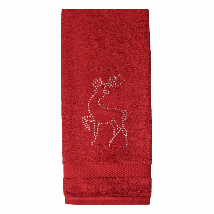Red cotton hand towel featuring a rhinestone-embellished reindeer design and a textured border at the bottom.