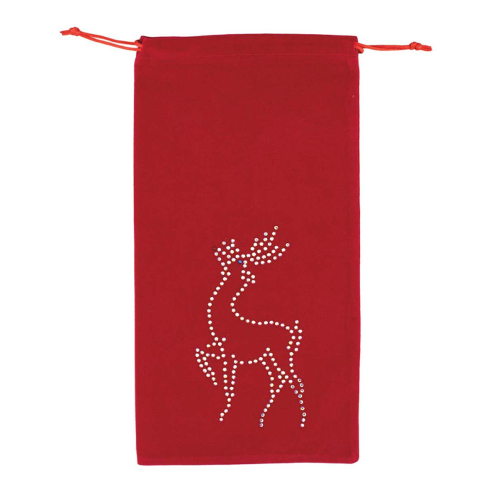 Red plush velvet wine bag with a rhinestone reindeer design and an orange drawstring closure.