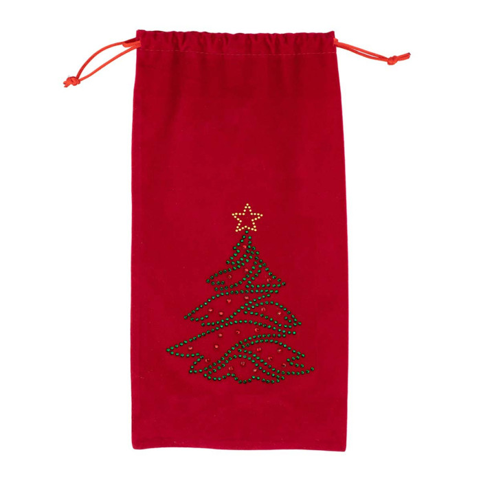 Red velvet wine bag with a rhinestone Christmas tree design and an orange drawstring closure.