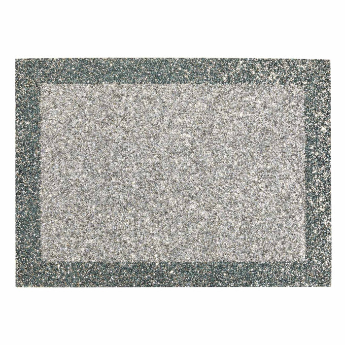 Silver placemat with a sparkling rhinestone border and a textured surface featuring a dark green edge.