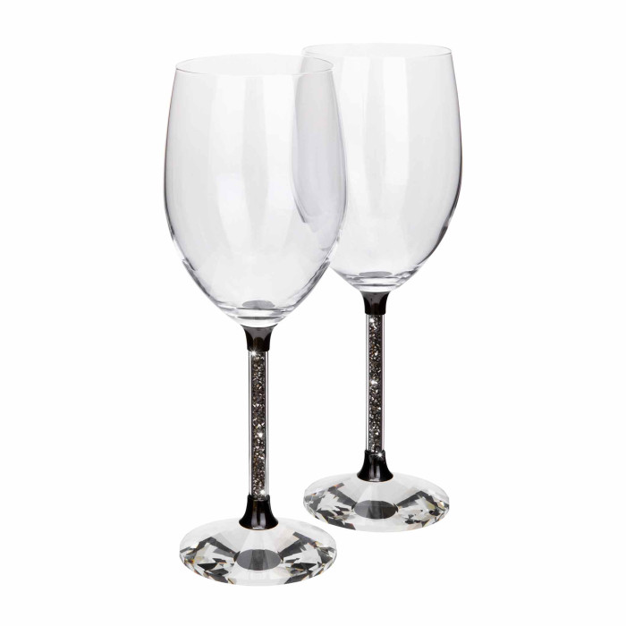 Clear crystal wine glass with a black stem featuring sparkling rhinestones and a faceted clear base.