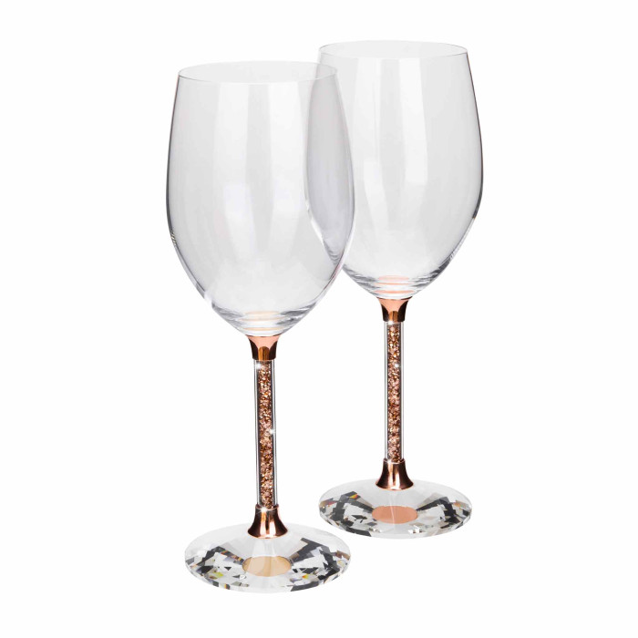 Clear crystal wine glass with a rose gold stem featuring sparkling rhinestones and a faceted clear glass base.