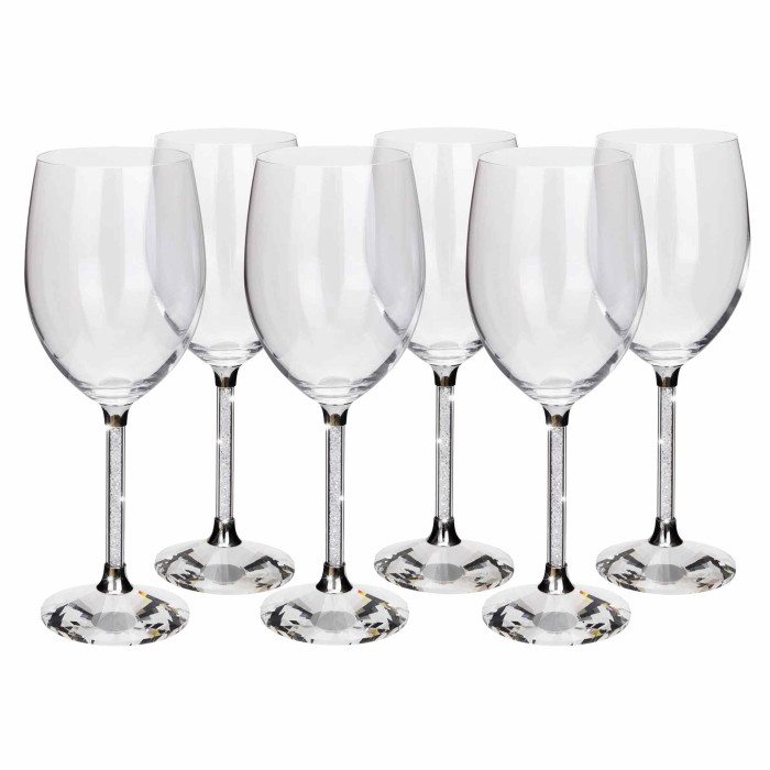  Clear crystal wine glass with a silver-toned base sparkling rhinestones in the stem and a faceted round foot.
