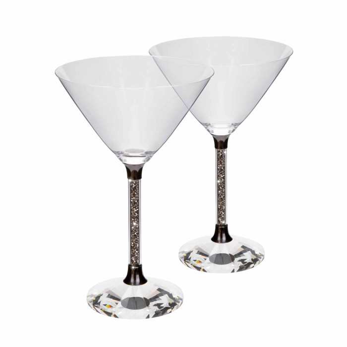 Clear crystal martini glass with a conical bowl black stem featuring rhinestones and a faceted base.