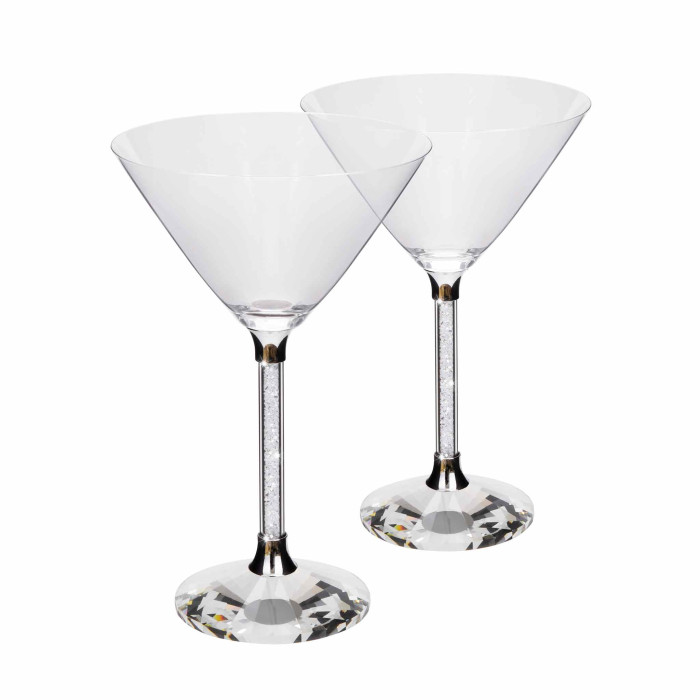 Clear crystal martini glass with a wide bowl silver-tone base and a stem featuring embedded rhinestones.