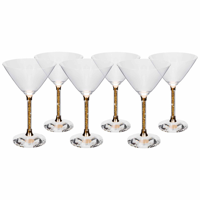 Gold crystal martini glass with a gold rhinestone-studded stem and a polished gold base.