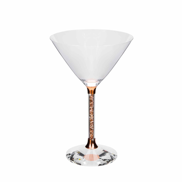 Clear crystal martini glass with a wide conical bowl a faceted base and a stem featuring embedded rhinestones.