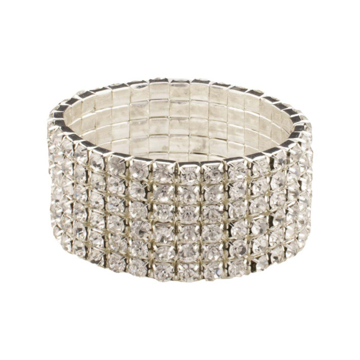 Silver elastic napkin ring adorned with genuine glass rhinestones in a grid pattern featuring a smooth metallic interior.
