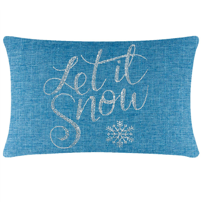 Aqua rectangular pillow with textured fabric embellished with glass rhinestones and a snowflake design in white.
