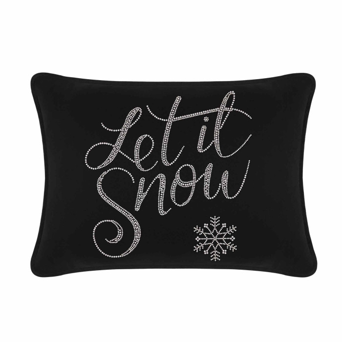 Black velvet rectangular pillow featuring "Let it Snow" in glass rhinestones with a snowflake design.