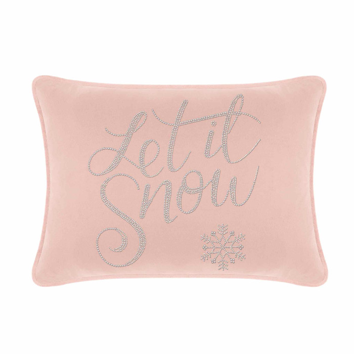 Aqua velvet pillow with "Let it Snow" in glass rhinestones and a snowflake design measuring 14x20 inches.