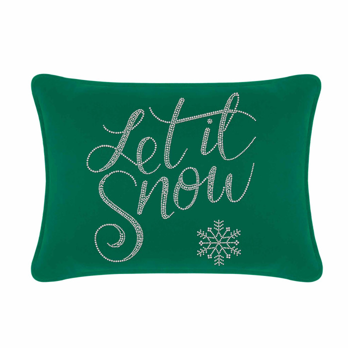 Emerald velvet rectangular pillow featuring "Let it Snow" in rhinestones and a snowflake design.