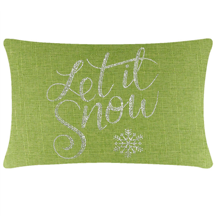 Rectangular lime green pillow with textured fabric featuring "Let it Snow" in glass rhinestones and a snowflake design.