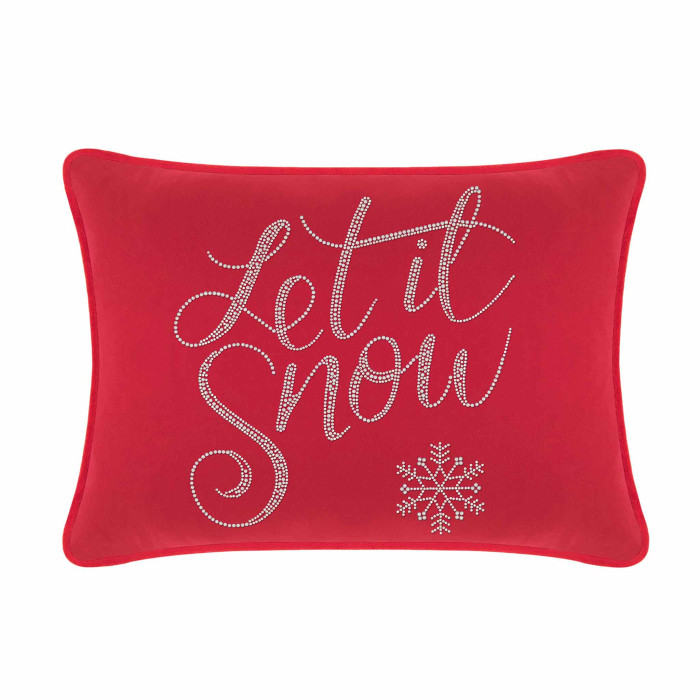 Red rectangular pillow with a textured surface featuring silver rhinestone lettering and a snowflake design.