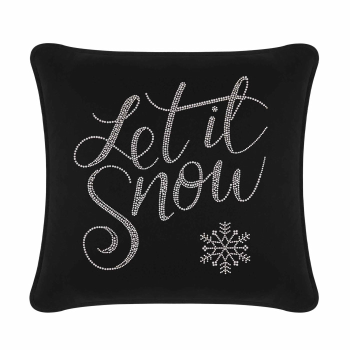 Black velvet pillow featuring glass rhinestones with the phrase "Let it Snow" and a snowflake design.