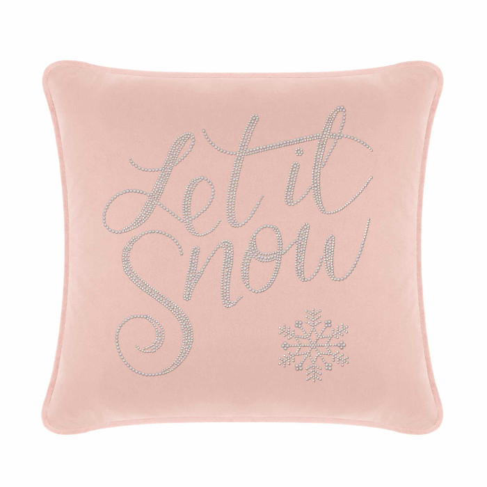 Blush velvet pillow featuring "Let it Snow" in glass rhinestones and a silver snowflake design on a soft background.