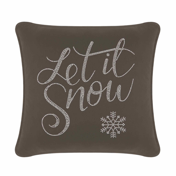Charcoal velvet pillow with "Let it Snow" in glass rhinestones and a snowflake design square shape plush texture.