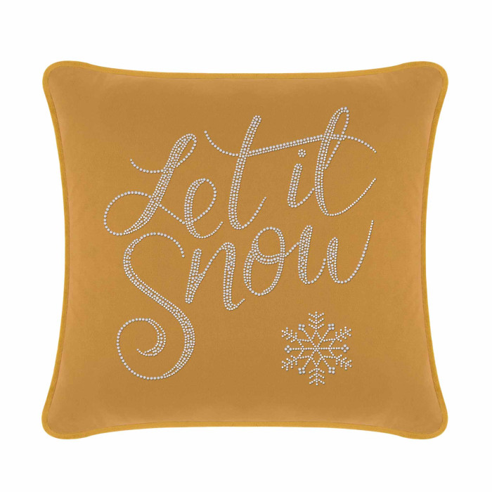 Gold velvet pillow with "Let it Snow" in glass rhinestones and a snowflake design square shape 16x16 inches.