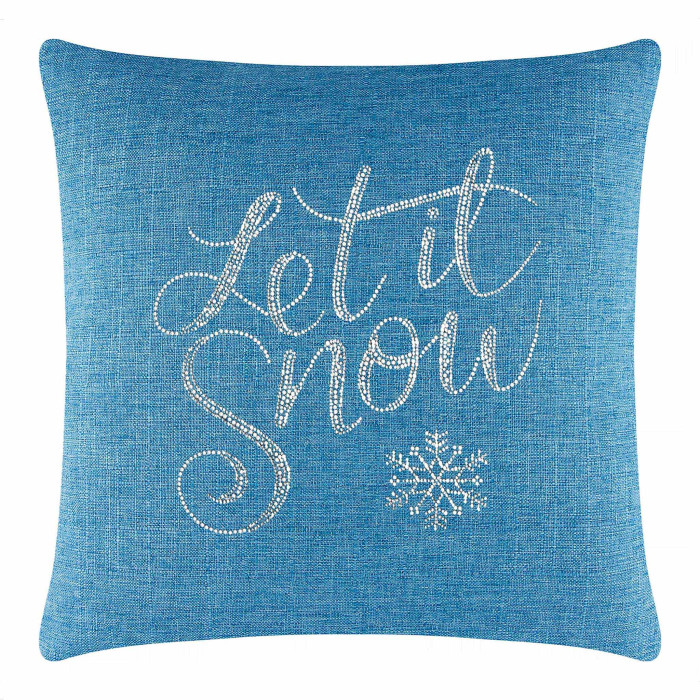 Aqua square pillow with glass rhinestones featuring the phrase "Let it Snow" and a snowflake design on a textured fabric.