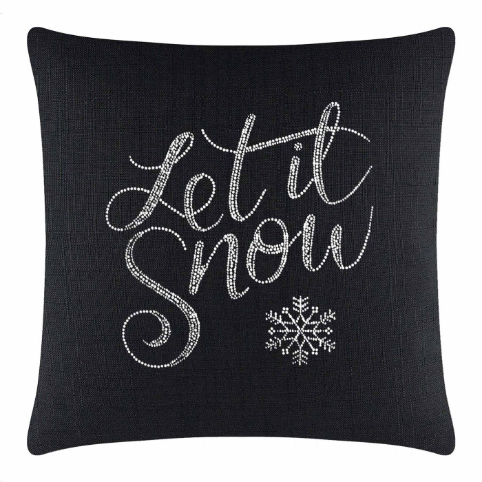 Black pillow featuring "Let it Snow" in glass rhinestones with a snowflake design textured fabric 20x20 inches.