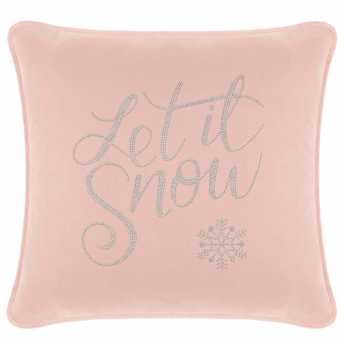 Blush velvet pillow with "Let it Snow" in glass rhinestones and a snowflake design square shape plush texture.