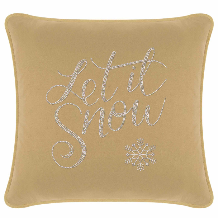 Champagne velvet pillow featuring "Let it Snow" in glass rhinestones with a snowflake design on a soft plush surface.