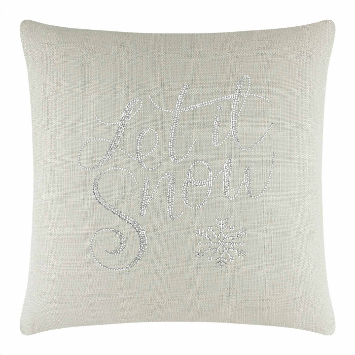 Square linen pillow in light beige with "Let it Snow" in glass rhinestones and a snowflake design.
